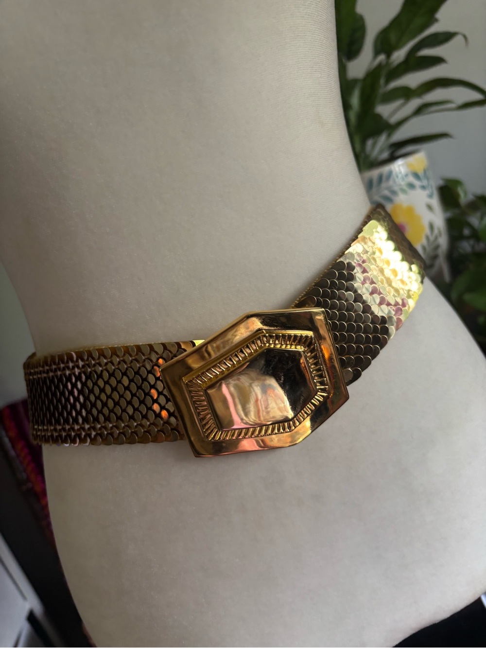 Gold Tone Hexagonal Buckle Stretch Belt